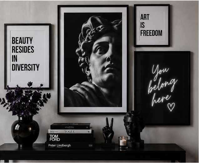 Harper Black art and design collection with furniture and decor in a stylish room.